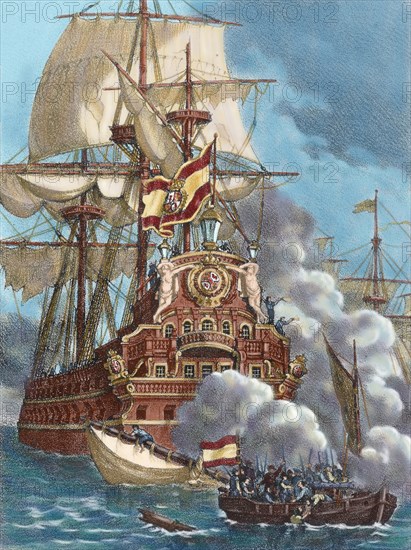 The Brethren or Brethren of the Coast attacking three Spanish galleons.