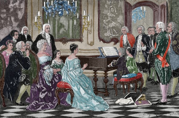 Maria Anna and Wolfgang Amadeus playing before the Empress Maria Theresa.