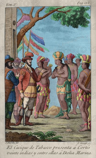 The cacique of Tabasco presents to Hernan Cortes twenty Indian.