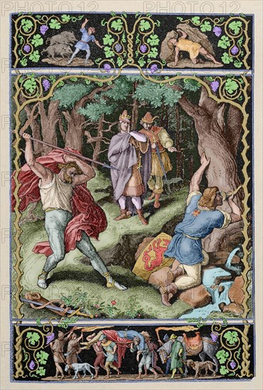Siegfried killed by Hagen while hunting.
