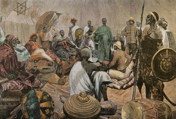 Major Tommaso Salsa and Captain Annibale Anghera before the emperor of Ethiopia Menelik II.