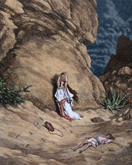 Hagar and Ishmael in the desert.