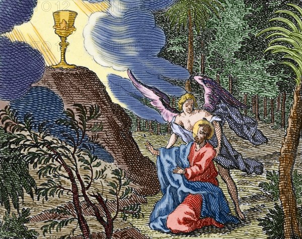 Jesus praying in the Garden of Gethsemane. An angel appears to comfort him.