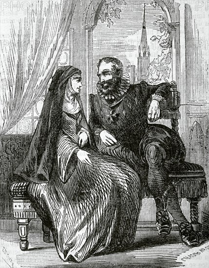 The French abbess Marie-Catherine de Beauvilliers with the king Henry IV of France in the abbey of Montmartre (Paris).