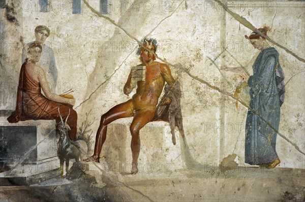 Roman fresco depicting Pan playing the double flute with a nymph playing the lyre and two other nymphs accompanying them.