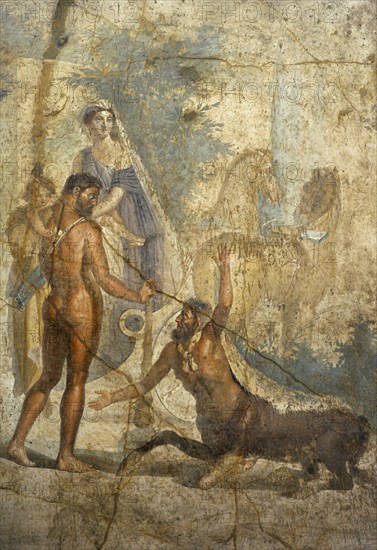 Heracles with Hyllus in arms, looks at the centaur Nessus.