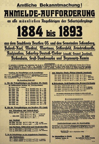 Poster of 1943 encouraging recruits from Bytom and other cities incorporated into the Reich after 1939, and informing them of their duty.