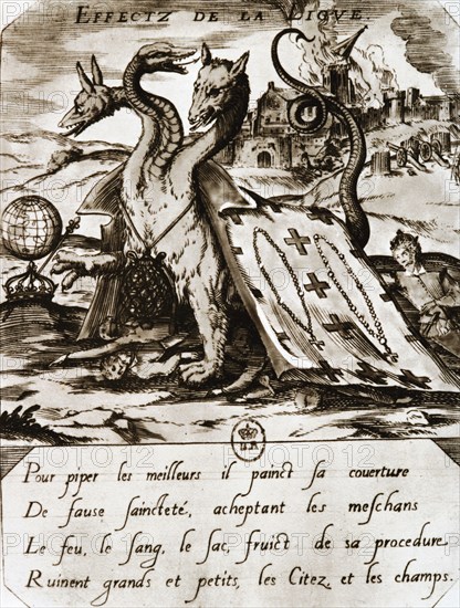 Propaganda print depicting Huguenot against the Catholic league.