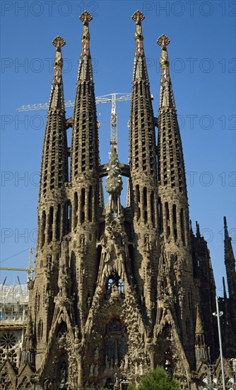 Spain. Barcelona. Basilica and Expiatory Church of the Holy Family by Antonio Gaudi Modernism style. Nativity facade.