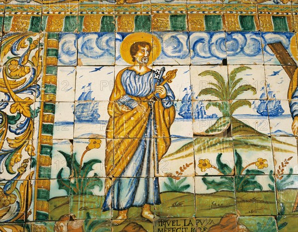 Decorated tiles. Saint Peter with keys of Heaven, by Miquel la Puya, 1695.  Catalonia. Spain.
