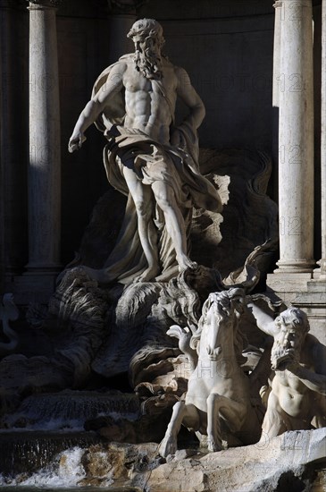 Trevi Fountain. Two tritons guide the carriage of Neptune, taming two Hippocampus.