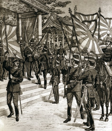 The Japonese emperor Meiji delivering the flag to his troops.