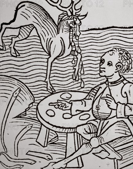 A Man looking for a deer tears for being aphrodisiac. Xilografia. Hortus Sanitatis by Johannes de Cuba (1430-1503).
