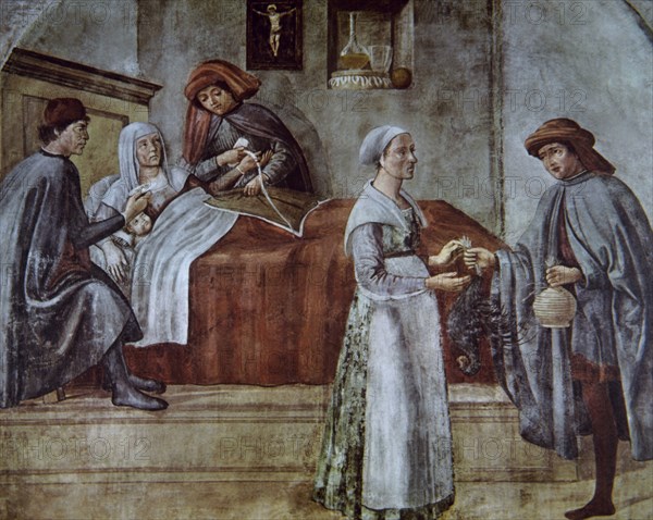 History of medicine. Parturient. Painting. 15th century. Florence. Italy.