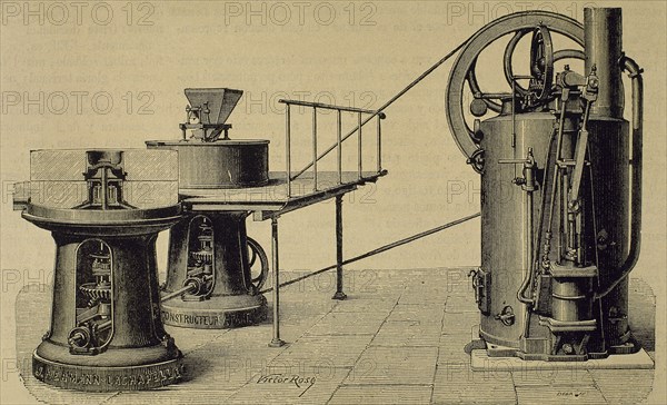 Mill and installation for grinding. Engraving by Decreef. La Ilustracion Espanola y Americana, 1878.