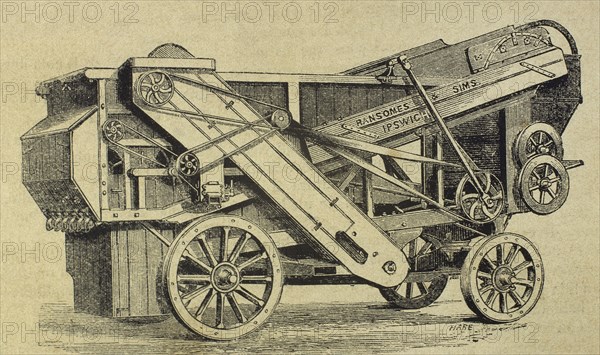 Threshing machine. K series. Engraving by Haure, 1870.