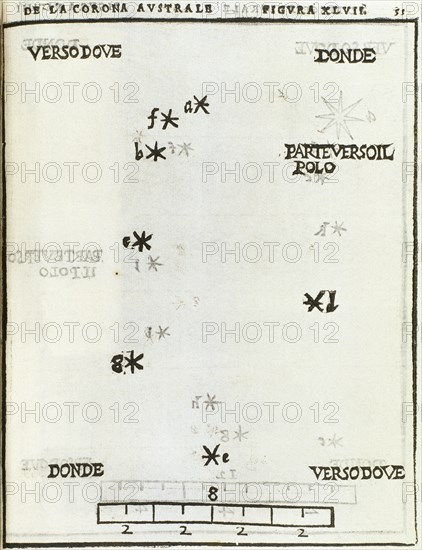 Corona Australis, constellation. Hemisphere. Engraving, 1559. Dele Stelle Fisse by A.Piccolomini