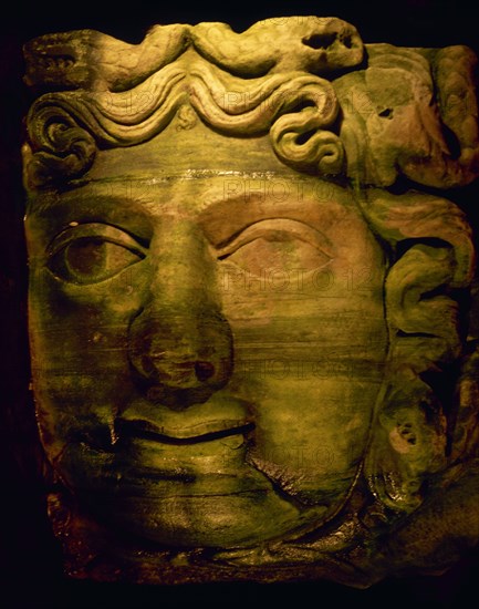 Turkey. Istanbul. The Basilica Cistern. Head of medusa. Pedestal.