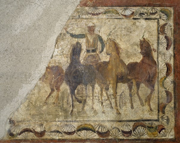 Auriga winner on quadriga (chariot of four-horse). Roman painting. Domus. 4th Century. Merida. Spain.