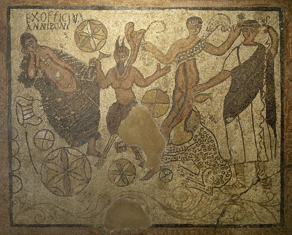 Roman mosaic of Bacchic scene from workshop of Anmus Ponius. From Merida, Spain. 4th C. Spain.