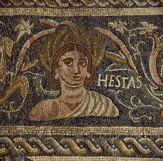 Roman mosaic. Female figure depicting the Spring (Hestas). 4th century. Villa Las Tiendas. Merida. Spain.