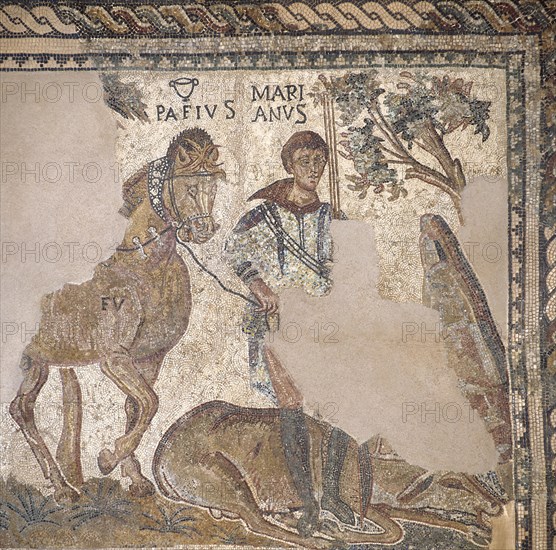 Roman mosaic. Hunter with dead deer. Merida (Augusta Emerita). Spain.