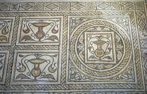 Roman mosaic. Decoration with vessels. 1st century AD. From Merida (Augusta Emerita). National Museum of Roman Art. Merida. Spain.