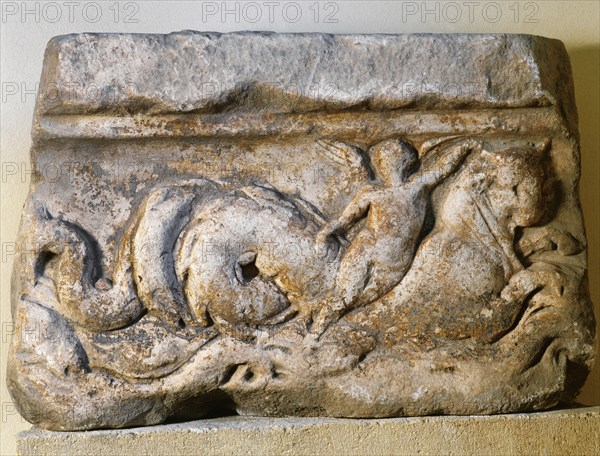 Roman Sarcophagus. Cover. Marble. Marine motifs. Catalonia ? . 2nd c. AD. Episcopal Museum. Vic. Spain.