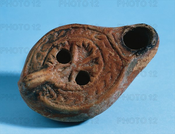 Early Christian art. Roman lamp. Terracotte. Chi Rho symbol. From Catalonia. Spain.