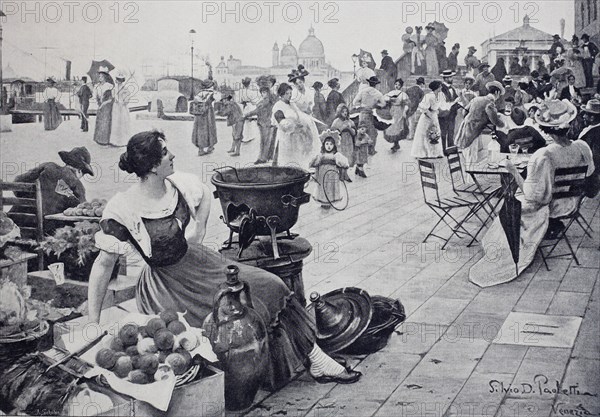 Market and street cafe on the riva degli schiavoni in venice
