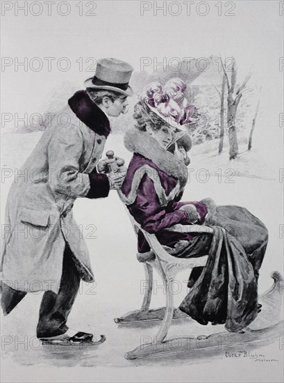 Man with skates slides his wife on a chair sled across the ice