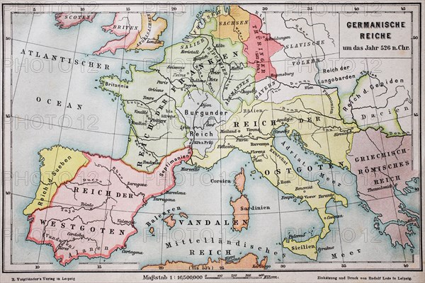 Historical map of the german empire in the year 526  /  Landkarte