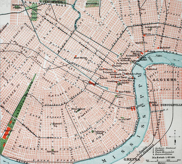 Historical map of the city of New Orleans and the Mississippi river