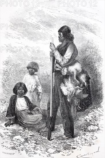 Indian hunter from California and two Indian girls  /  Indianischer Jäger aus Kalifornien und zwei indische Mädchen
