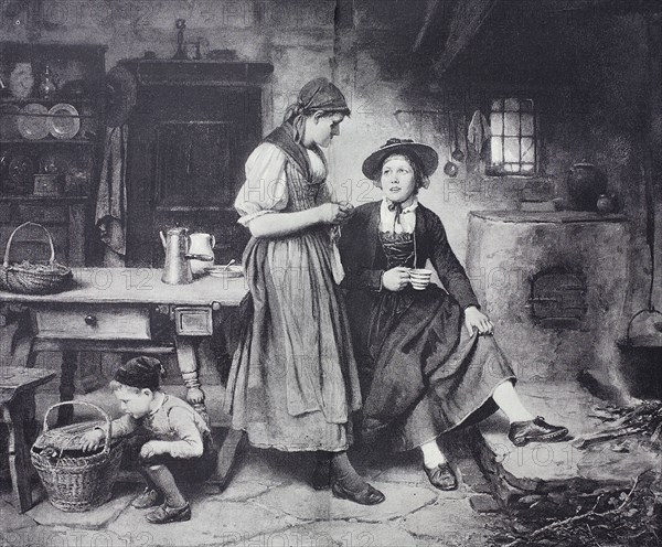 Two friends are chatting in the kitchen while a boy lets a hen out of the basket  /  Zwei Freundinnen unterhalten sich in der Küche während ein Junge eine Henne aus dem Korb heraus läßt