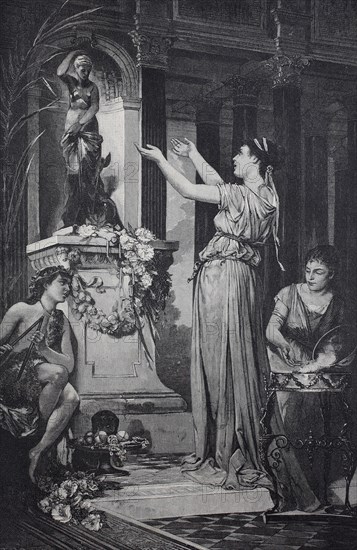 A bride sacrifices flowers to a goddess in ancient Rome