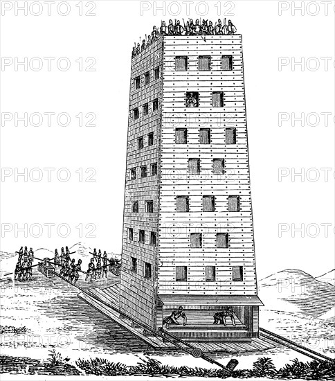 siege tower or breaching tower or siege engine from the time of the second crusade  /  Belagerungsturm