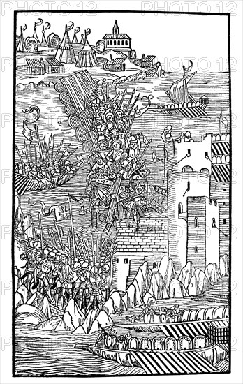 In 1480 the small Knights Hospitaller garrison of Rhodes withstood an attack of the Ottoman Empire  /  Szene aus der Belagerung von Rhodos