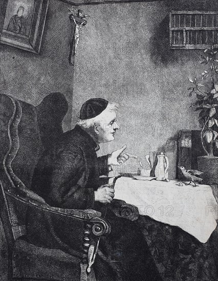 Priest sits at the table and has caught a bird eating the cake crumbs  /  Priester sitzt am Tisch und hat einen Vogel beim Auflesen der Kuchenkrümel ertappt