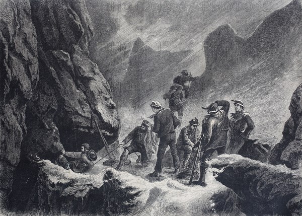 Climbers in the mountains with a rope  /  Bergsteiger beim Hinausseilen in einem Kamin