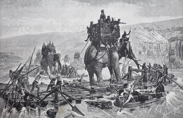 Hannibal crosses the river Rhone with his elephants