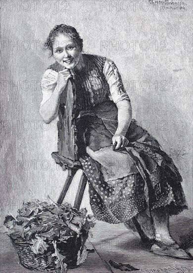 Farmer's wife sitting on a chair after a celebration