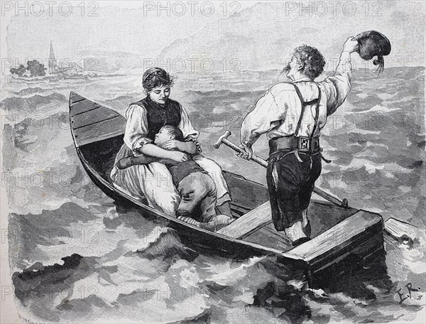 Couple with child on crossing with a barge over the lake