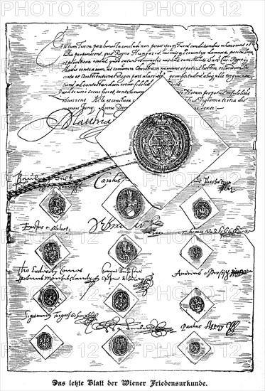 The last sheet of the Vienna Peace Certificate based on the original in the Reich Archives in Budapest / Das letzte Blatt der Wiener Friedensurkunde nach dem Original im Reichsarchiv zu Budapest