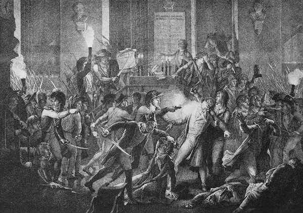 he arrest of Robespierre in the meeting room of the municipal council of Paris during the night of 9 to 10 Thermidor (the eleventh month of the Republican calendar of the French Revolution) in 1794  /  Die Festnahme von Robespierre im Sitzungssaal des Gemeinderat von Paris während der Nacht vom 9. auf den 10. Thermidor (der elfte Monat des republikanischen Kalenders der Französischen Revolution) 1794