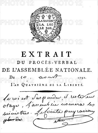 Facsimile of the decree of the National Assembly of 10 August 1792