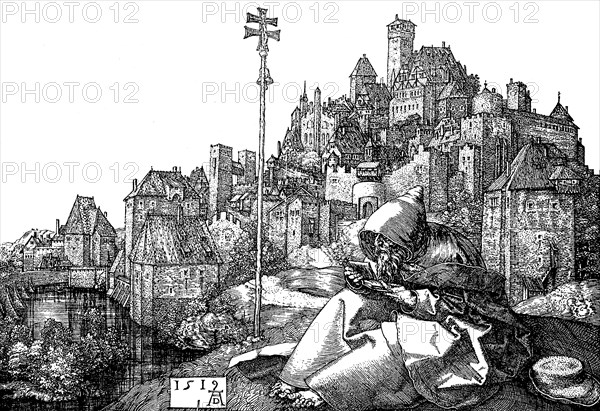 German townscape at the beginning of the 16th century after an engraving by Albrecht Dürer