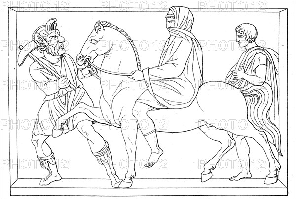 The Etruscan death god Charon drags a nobleman accompanied by a servant away to slay him  /  Der etrusikische Todesgott Charon schleppt einen von einem Diener begleiteten Vornehmen fort