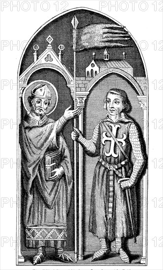 A bishop presents a crusader with the Oriflamme