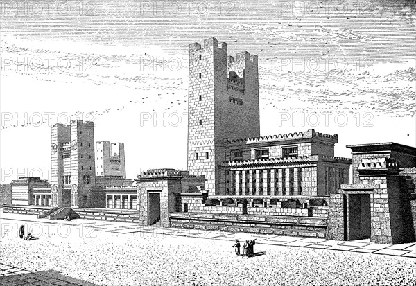 Side view of the temple of Jerusalem and the enclosure wall of the priest's forecourt